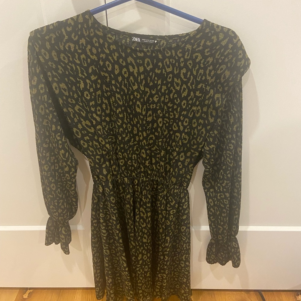 Zara Green/black cheetah long sleeve dress